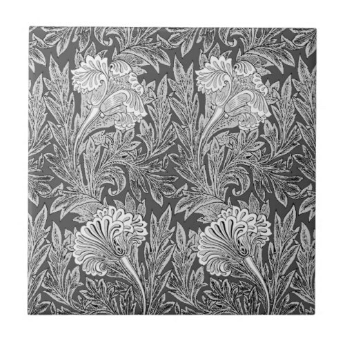 Jacobean Flower Damask Silver Gray and White  Ceramic Tile