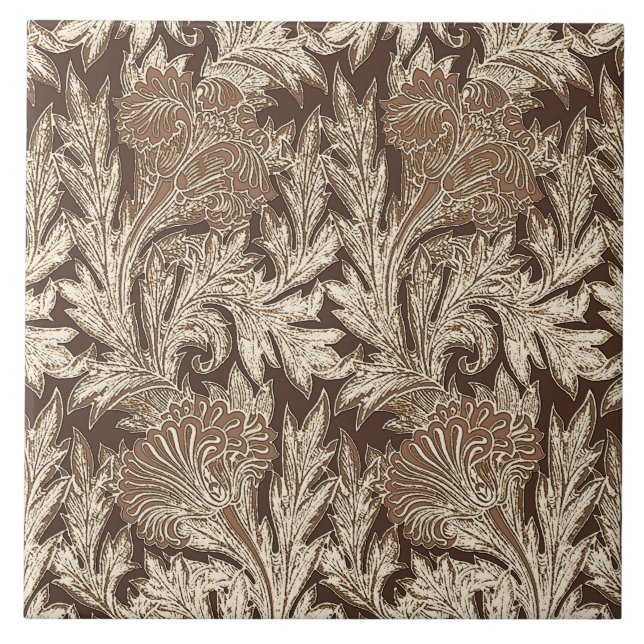 Jacobean Flower Damask, Taupe Tan and Cream Ceramic Tile (Front)