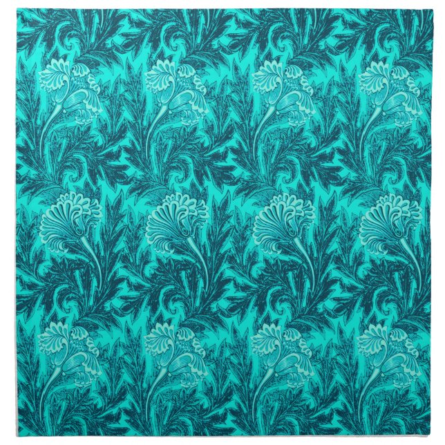 Jacobean Flower Damask, Turquoise and Teal Blue Cloth Napkin (Front)