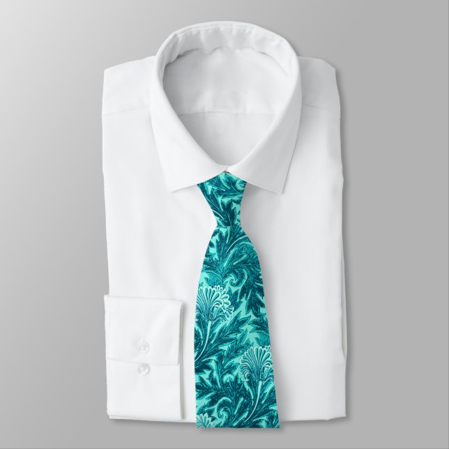 Jacobean Flower Damask, Turquoise and Teal Blue Neck Tie (Tied)