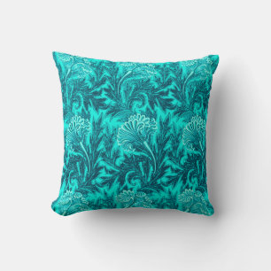 Jacobean Flower Damask, Turquoise and Teal Blue Throw Pillow