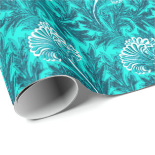 Jacobean Flower Damask, Turquoise and Teal Blue Wrapping Paper