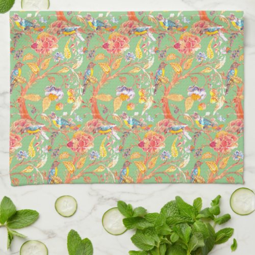 Jacobean Green Pink Bird Floral Vintage Look Kitchen Towel