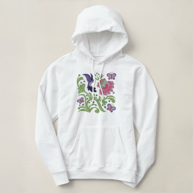 Jacobean Hummingbird Embroidered Hoodie (Design Front)