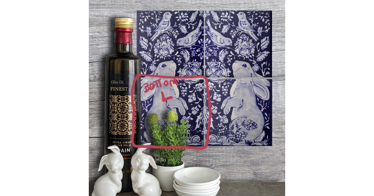 Jacobean Rabbit Birds Flowers Blue White Bottom L Ceramic Tile | Zazzle