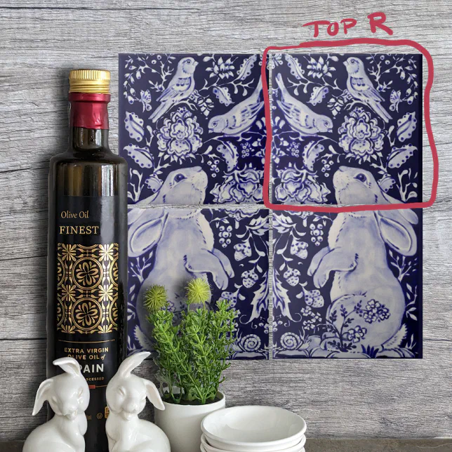 Jacobean Rabbit Birds Flowers Blue White Top R Ceramic Tile | Zazzle