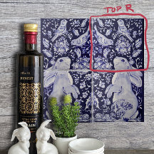 Jacobean Rabbit Birds Flowers Blue White Top R