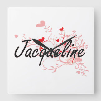 Jacqueline Artistic Name Design with Hearts Square Wall Clock