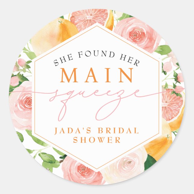 JADA Citrus Fruit Main Squeeze Bridal Shower Classic Round Sticker (Front)