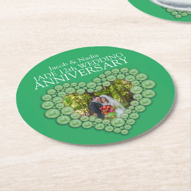 Jade 12th wedding anniversary heart photo coasters (Angled)