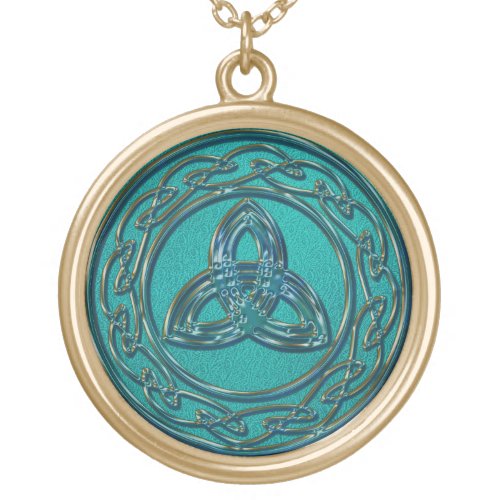 Jade and Copper Celtic Wheel and Trinity Knot Gold Plated Necklace