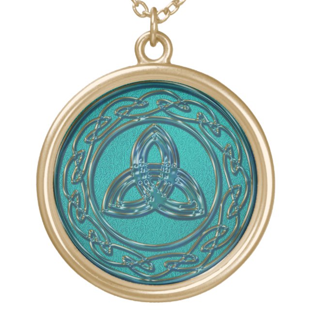 Jade and Copper Celtic Wheel and Trinity Knot Gold Plated Necklace (Front)