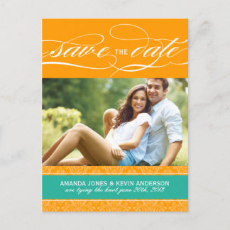 Jade and Orange Damask Save the Date Announcement Postcard