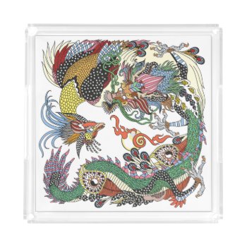 Jade Dragon And Gold Phoenix Playing With A Pearl  Acrylic Tray by insimalife at Zazzle