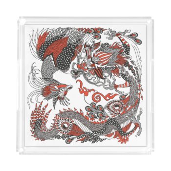 Jade Dragon And Gold Phoenix Playing With A Pearl  Acrylic Tray by insimalife at Zazzle