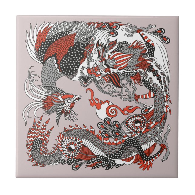 Jade Dragon and Gold Phoenix playing with a pearl  Ceramic Tile (Front)