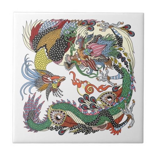 Jade Dragon and Gold Phoenix playing with a pearl  Ceramic Tile