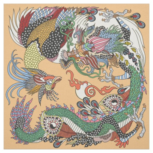 Jade Dragon and Gold Phoenix playing with a pearl Fabric