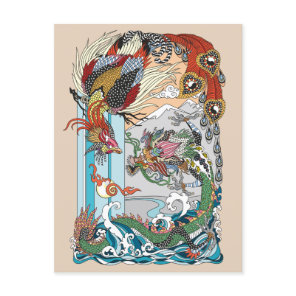 Jade Dragon and Gold Phoenix playing with a pearl Postcard