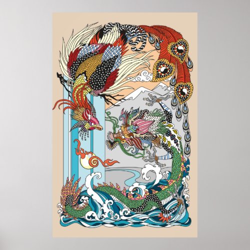 Jade Dragon and Gold Phoenix playing with a pearl  Poster