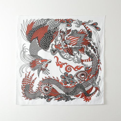 Jade Dragon and Gold Phoenix playing with a pearl Tapestry