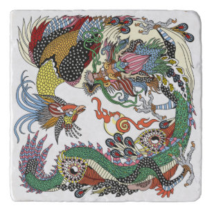 Jade Dragon and Gold Phoenix playing with a pearl  Trivet