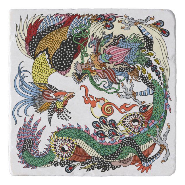 Jade Dragon and Gold Phoenix playing with a pearl  Trivet (Front)