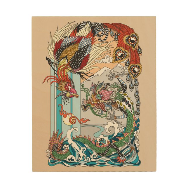Jade Dragon and Gold Phoenix playing with a pearl  Wood Wall Art (Front)