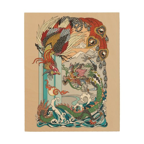 Jade Dragon and Gold Phoenix playing with a pearl  Wood Wall Art
