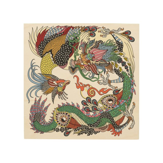 Jade Dragon and Gold Phoenix playing with a pearl  Wood Wall Art (Front)