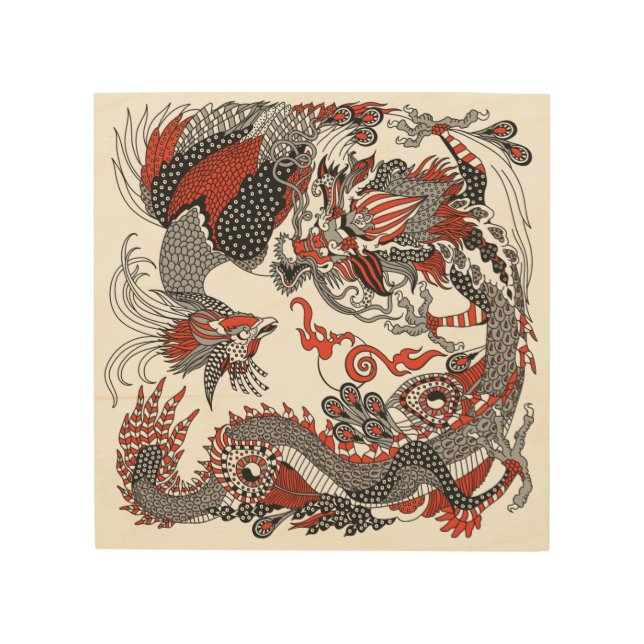Jade Dragon and Gold Phoenix playing with a pearl  Wood Wall Art (Front)