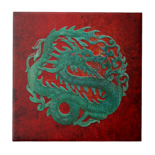 Jade Dragon Carving On A Red Background Tile