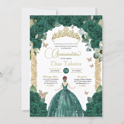 Jade Emerald Green Butterfly Princess Quinceanera Invitation
