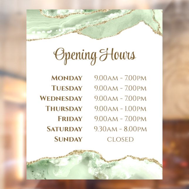 Jade green Agate Opening Hours Window Cling (Sheet 2)