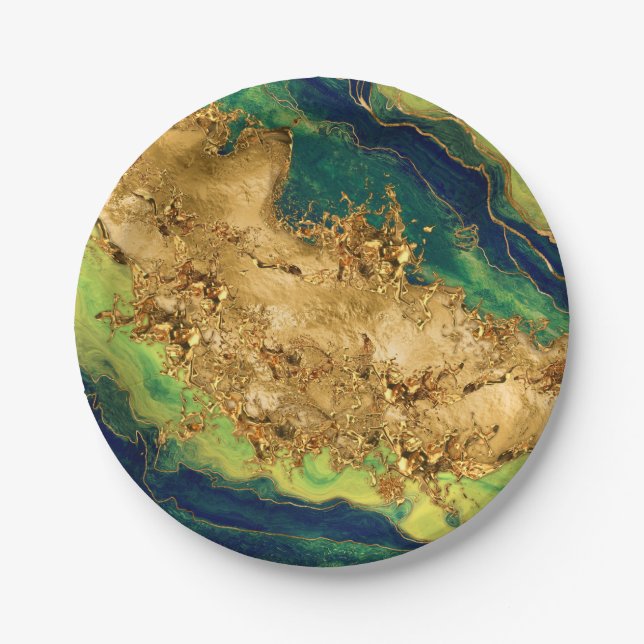 Jade Green and Bronze Gold Abstract Paper Plates (Front)