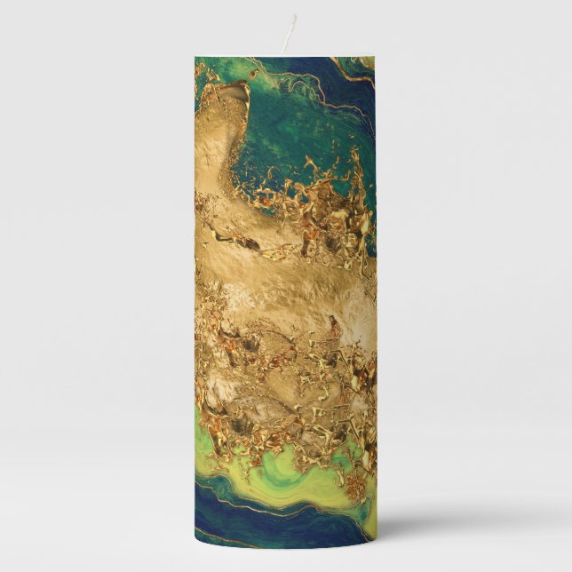 Jade Green and Bronze Gold Abstract Pillar Candle (Front)