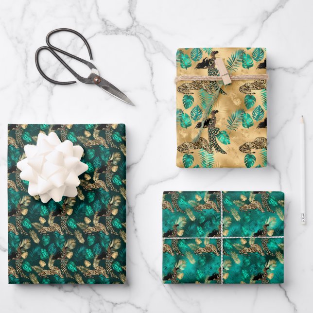 Jade Green and Gold Foil Look Leopard Print  Wrapping Paper Sheets (Front)