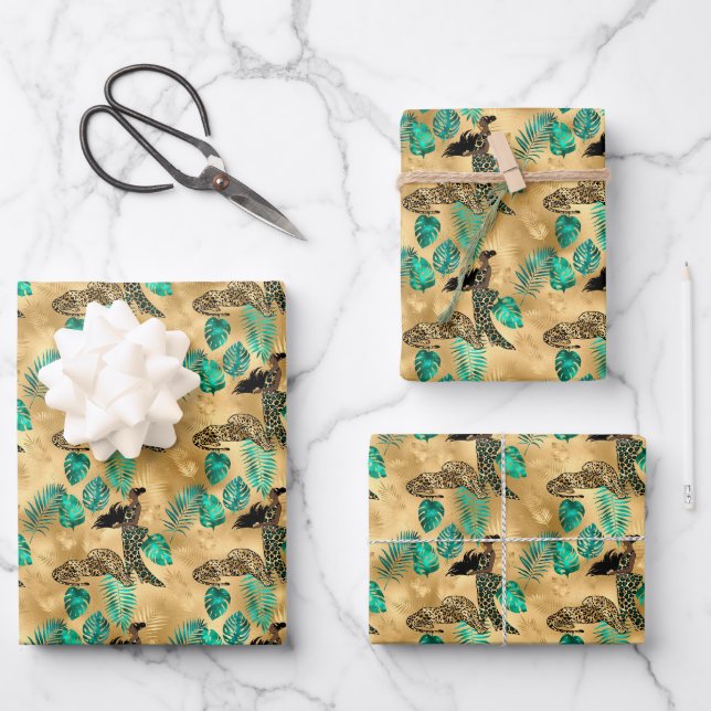 Jade Green and Gold Foil Look Leopard Print Wrapping Paper Sheets (Front)