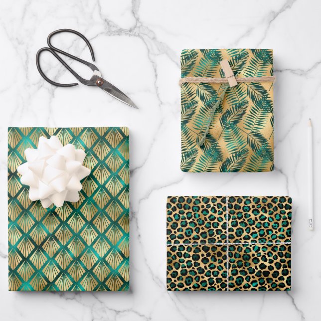 Jade Green and Gold Foil Look Wrapping Paper Sheets (Front)