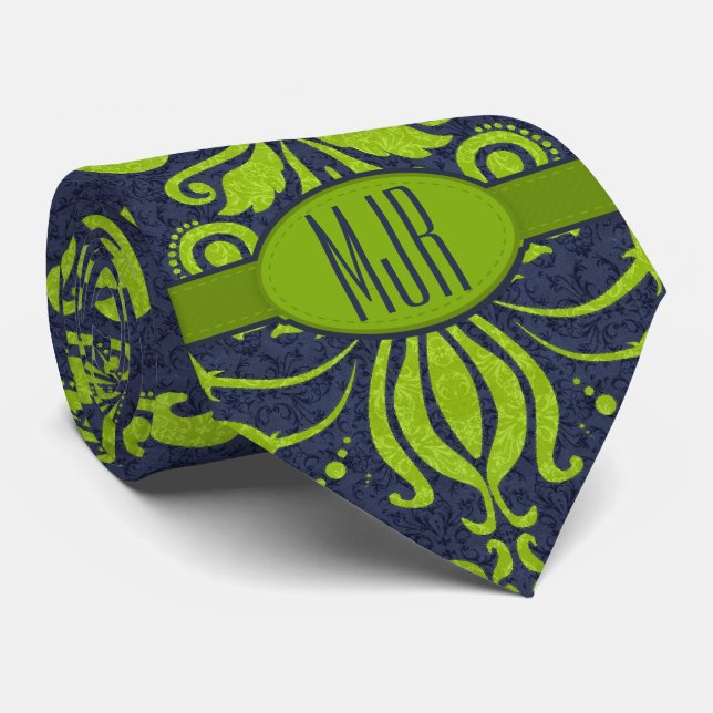 Jade Green and Navy Damask Swirl Monogram Tie (Rolled)