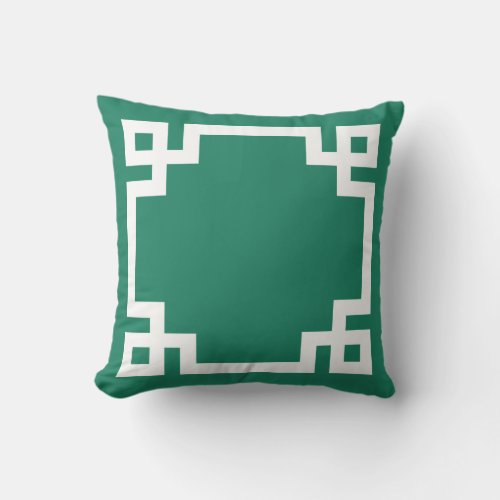Jade Green and White Greek Key Border Throw Pillow