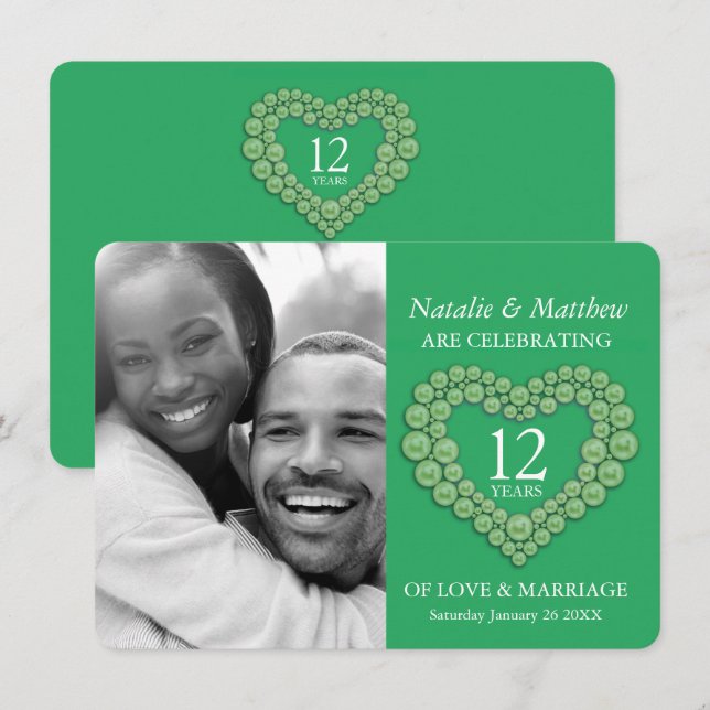 Jade green beaded heart 12th wedding Anniversary  Invitation (Front/Back)