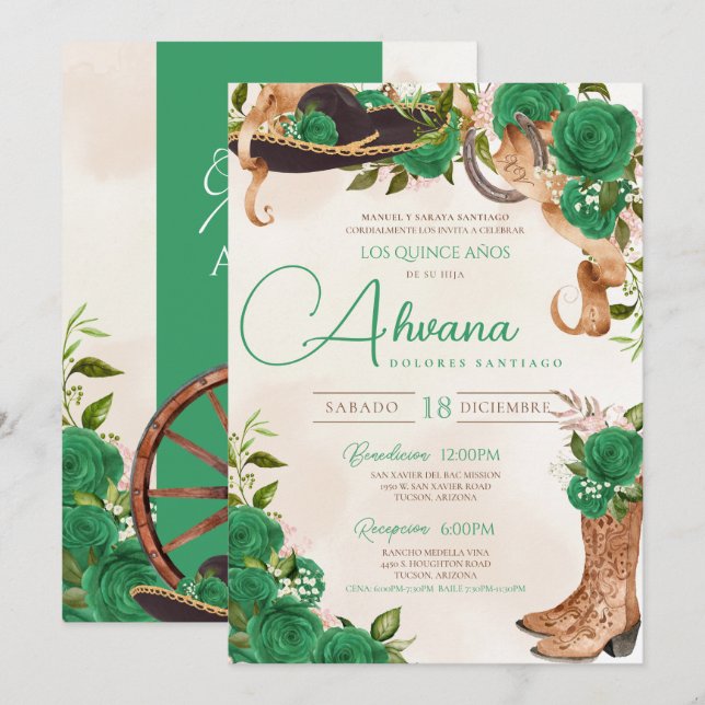 Jade Green Charro Quinceañera Country Western Invitation (Front/Back)