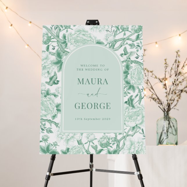 Jade Green Chinoiserie Floral Bird Wedding Welcome Foam Board (In Situ (Stand))