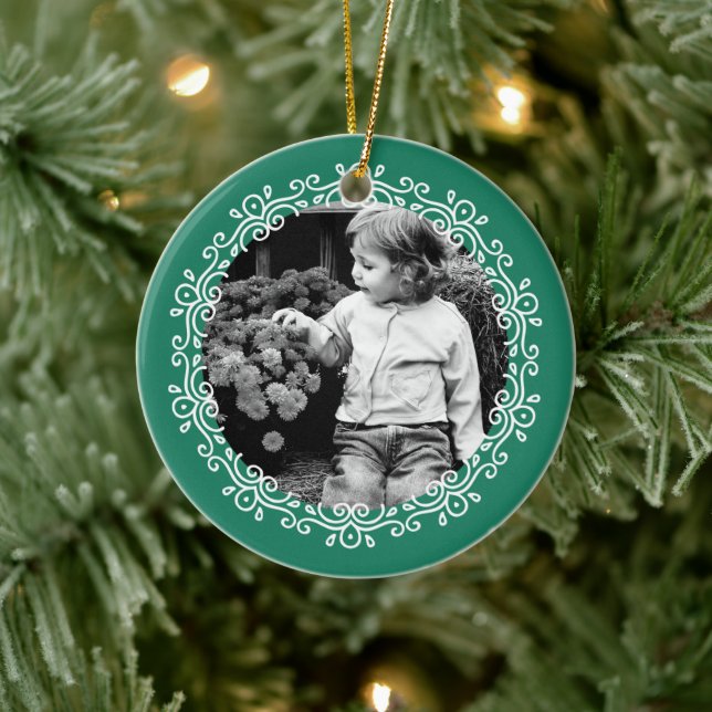 Jade Green Fancy Swirls Photo Frame Ceramic Ornament (Tree)