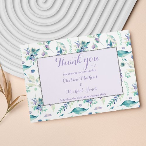 Jade green lavender pink watercolor floral thank you card