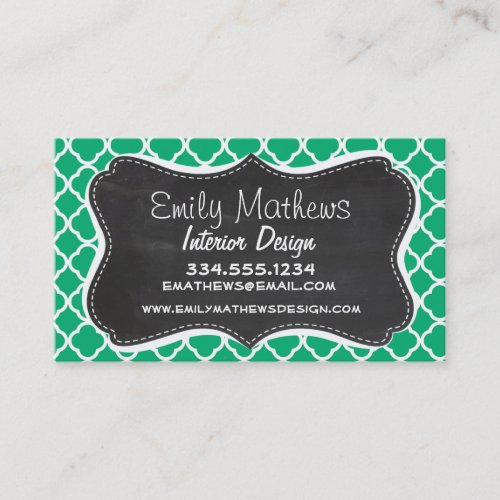 Jade Green Moroccan Quatrefoil; Chalkboard look Business Card Templates