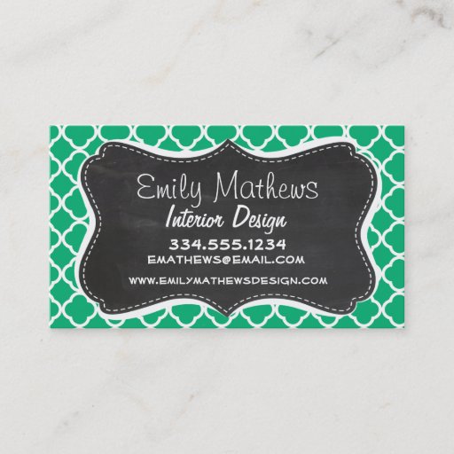 Customizable Jade Green Moroccan Quatrefoil; Chalkboard look Business Card Templates