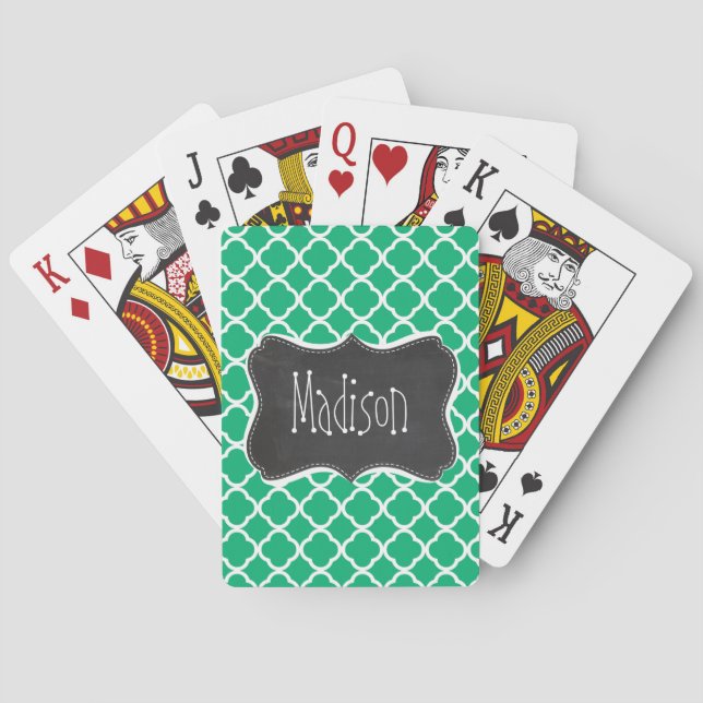 Jade Green Moroccan Quatrefoil; Chalkboard look Poker Cards (Back)