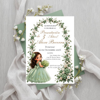 Jade green princess 3rd birthday presentation invitation